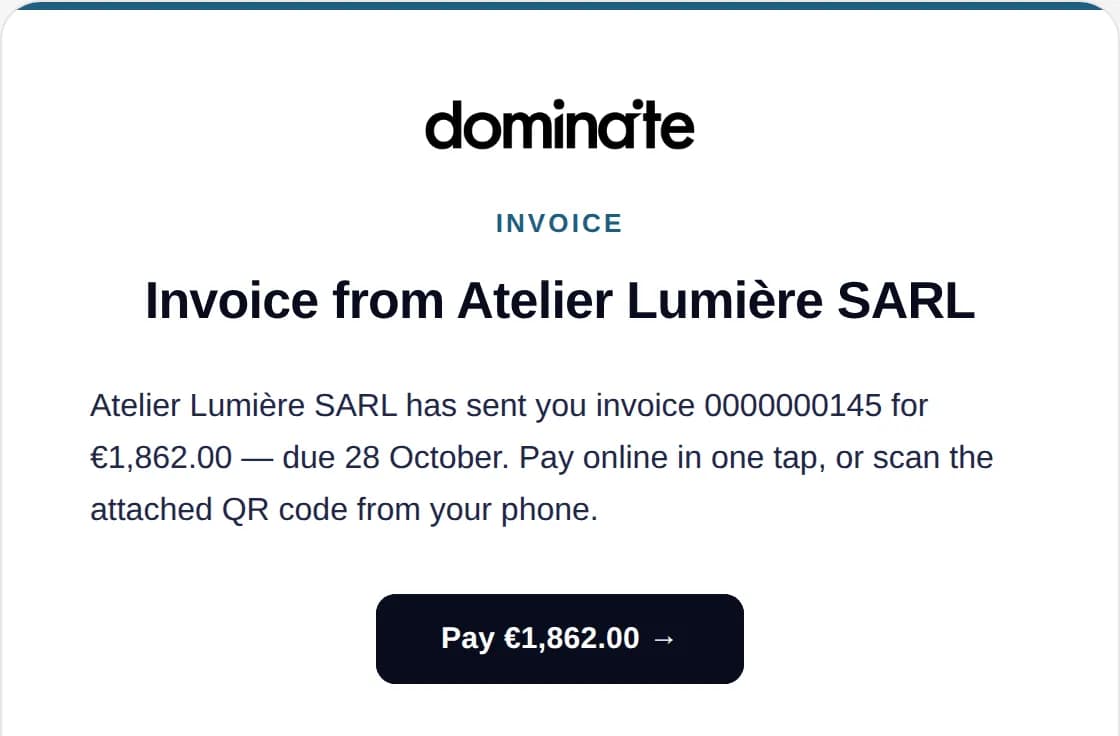 L'e-mail que reçoit votre client, avec la facture en pièce jointe et un bouton de paiement