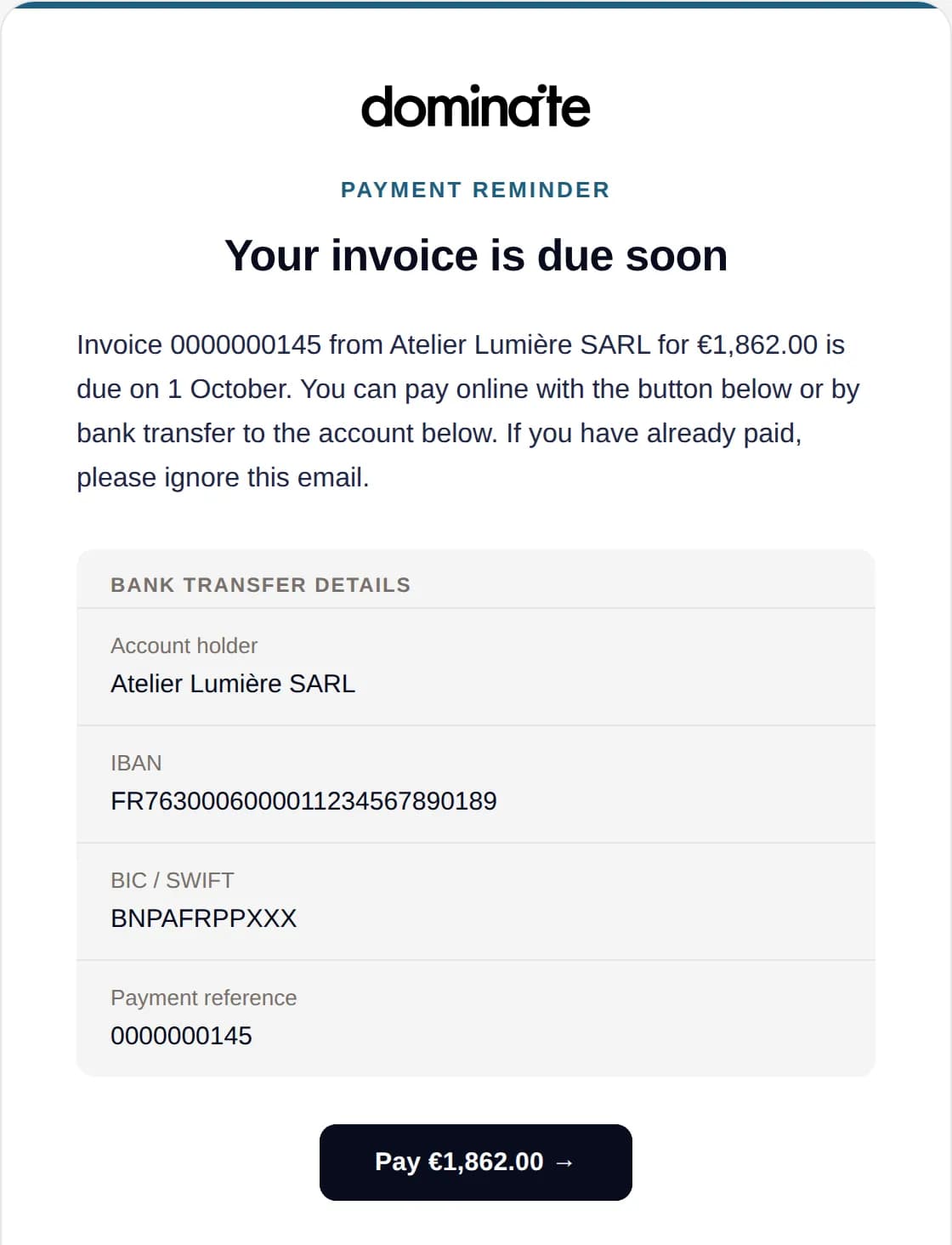 Une relance envoyée par dominaite trois jours avant l'échéance, avec un bouton de paiement et vos coordonnées bancaires