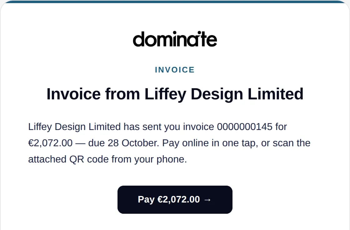 The email your customer receives, with the invoice attached and a pay button