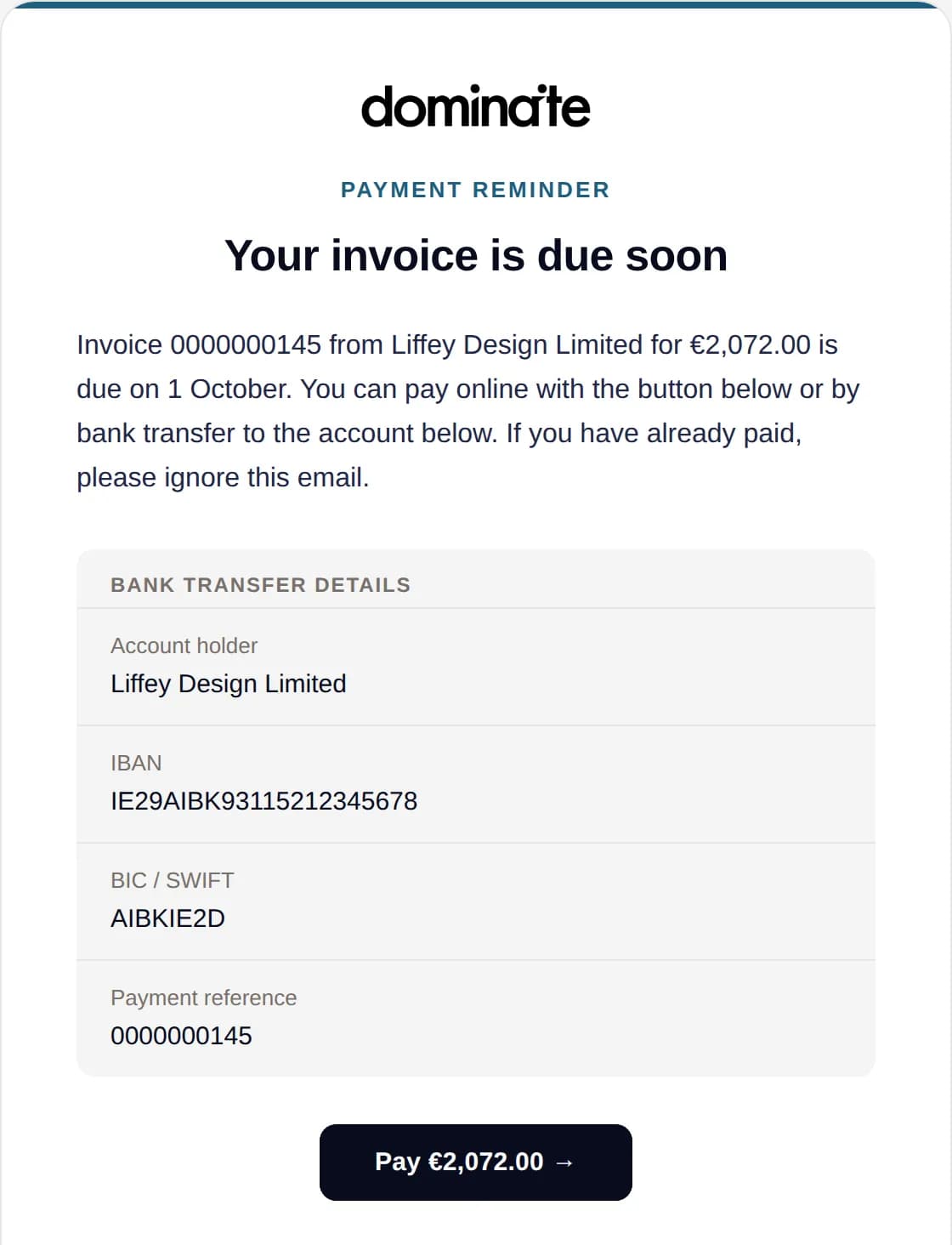 A reminder dominaite sent three days before the due date, with a pay button and your bank details