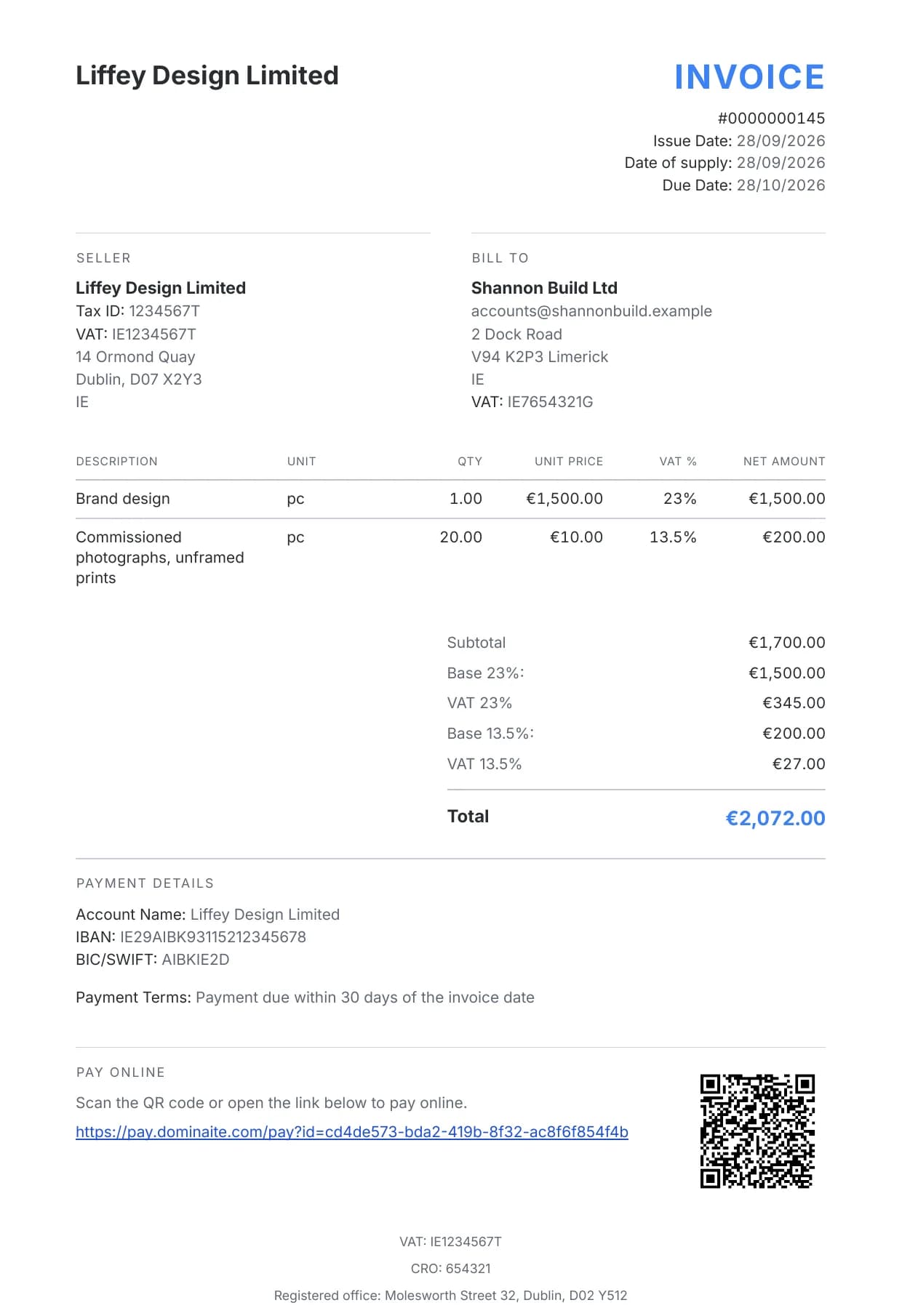Sample invoice: Ireland