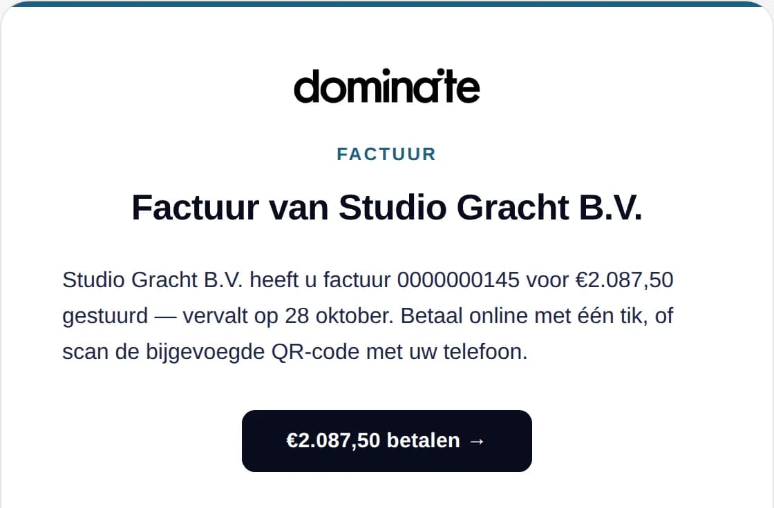 De e-mail die je klant ontvangt, met de factuur als bijlage en een betaalknop