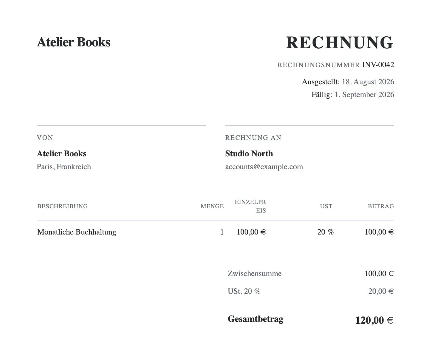 Dominaite-Rechnungsdokument mit Gesamtbetrag und Online-Zahlungslink