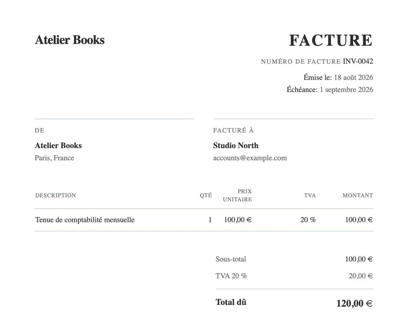 Facture dominaite avec total et lien de paiement en ligne