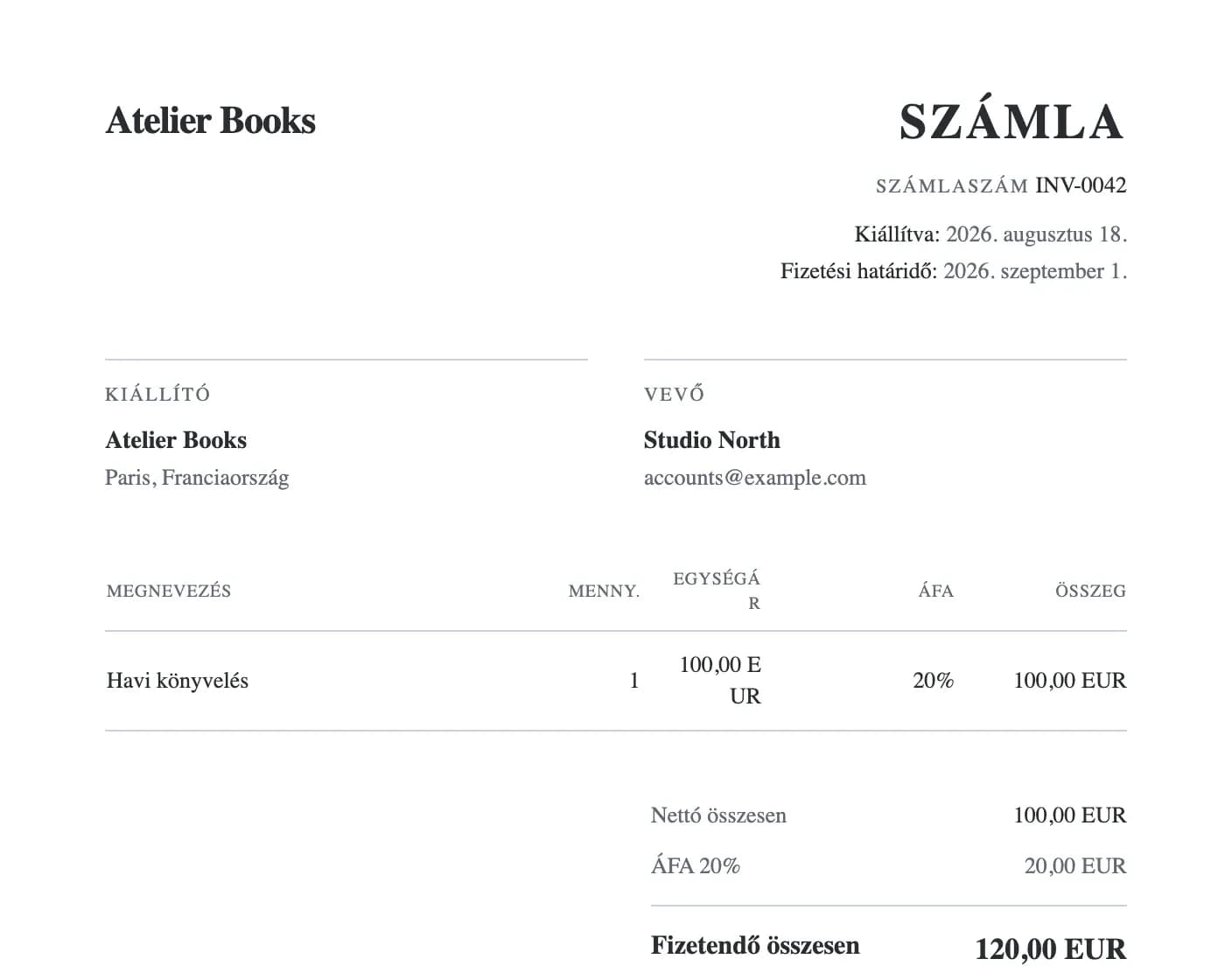 Dominaite-számla végösszeggel és online fizetési linkkel