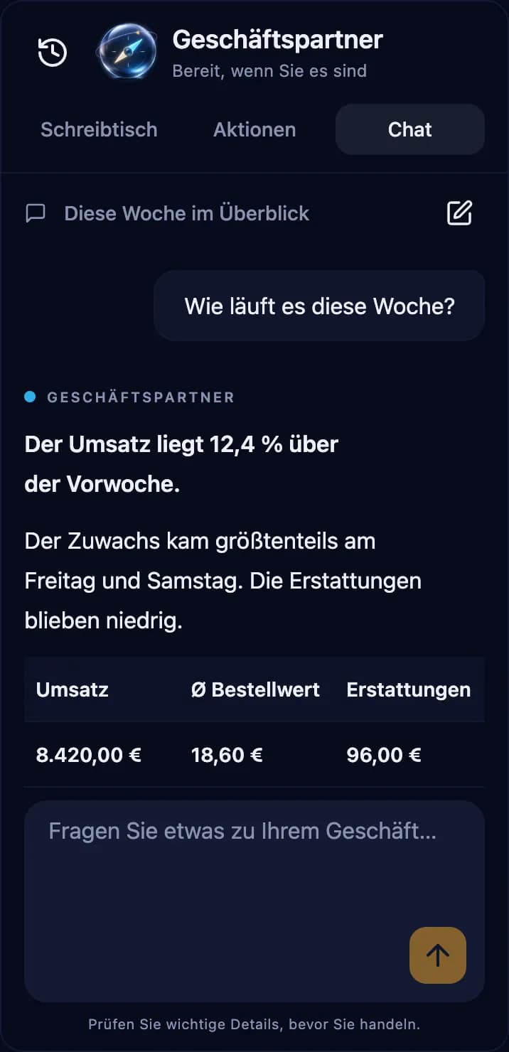 Business-Partner-Chat beantwortet, wie die Umsätze diese Woche liefen, mit Umsatz, durchschnittlichem Bestellwert und Erstattungen, Demodaten