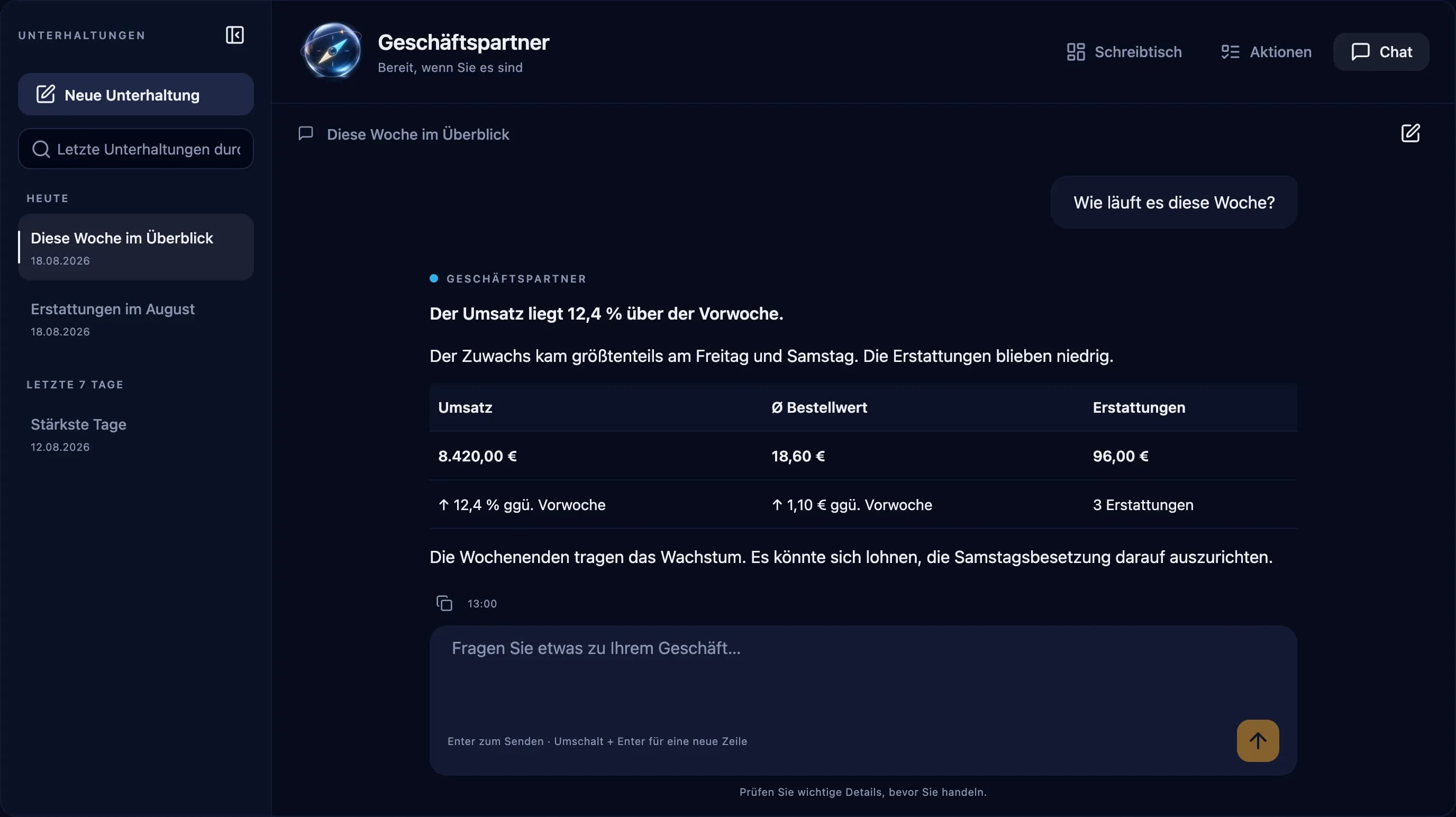 Business-Partner-Chat beantwortet, wie die Umsätze diese Woche liefen, mit Umsatz, durchschnittlichem Bestellwert und Erstattungen, Demodaten