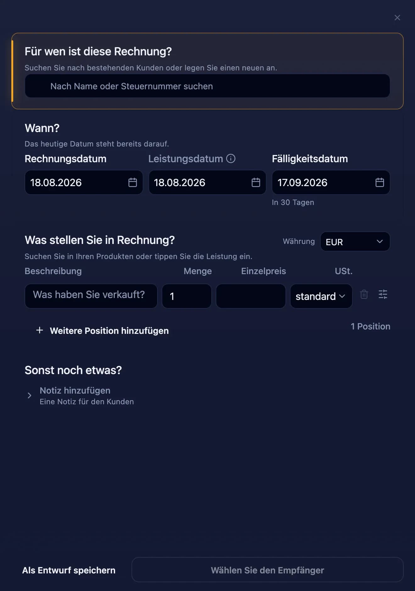 Leere Dominaite-Rechnung mit hervorgehobener Kundensuche
