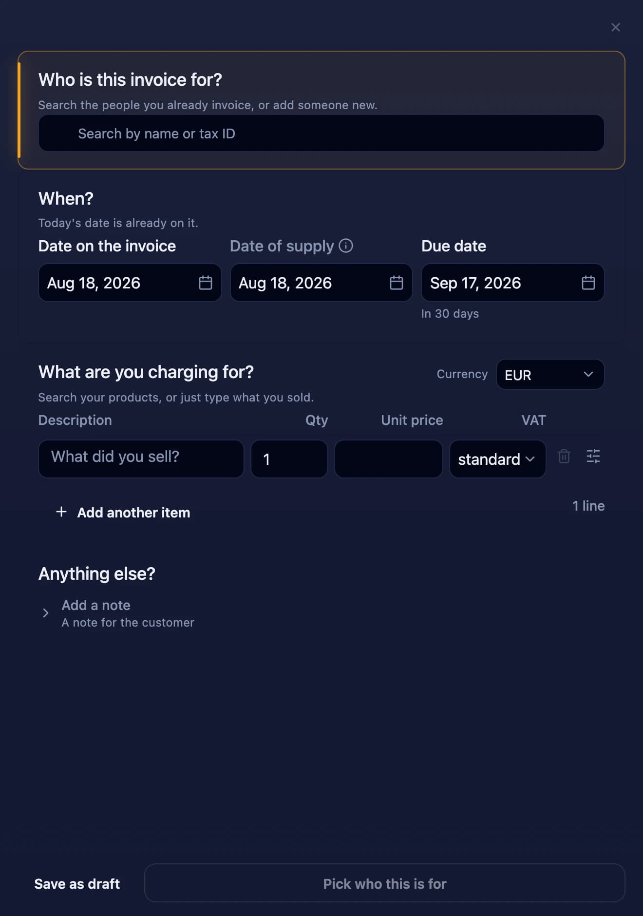 Blank Dominaite invoice with the customer search highlighted