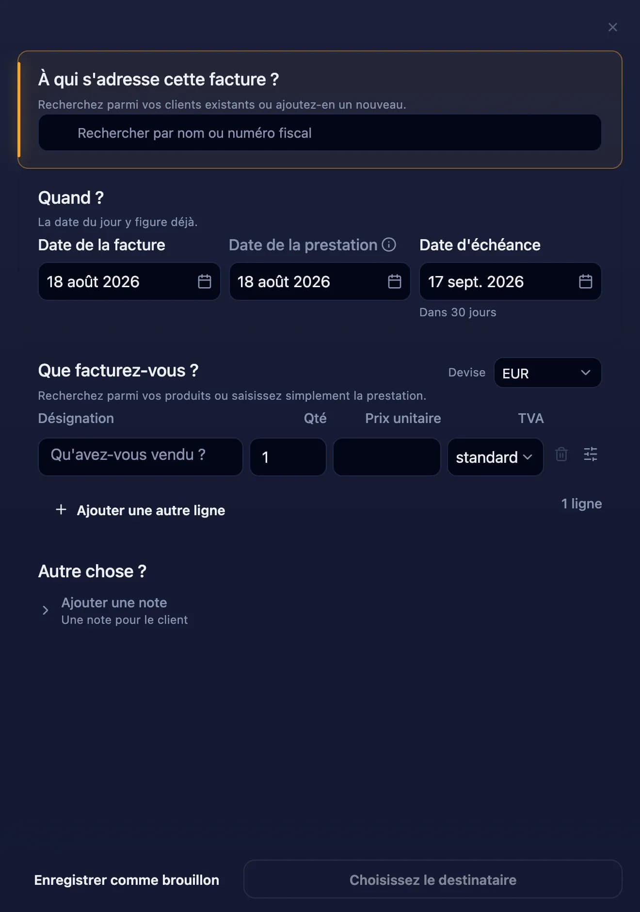 Facture dominaite vierge avec la recherche de client mise en évidence