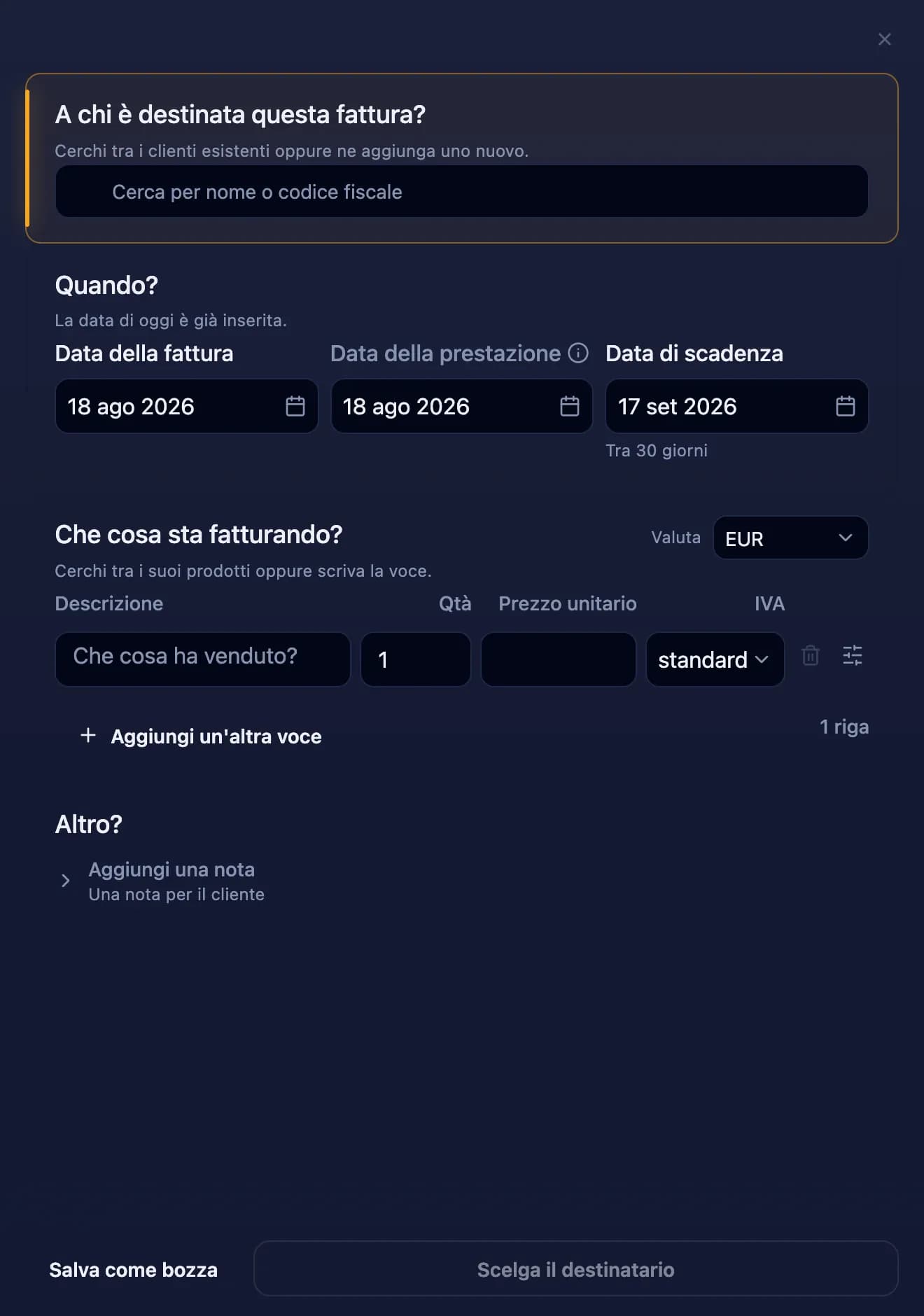 Fattura dominaite vuota con la ricerca cliente evidenziata
