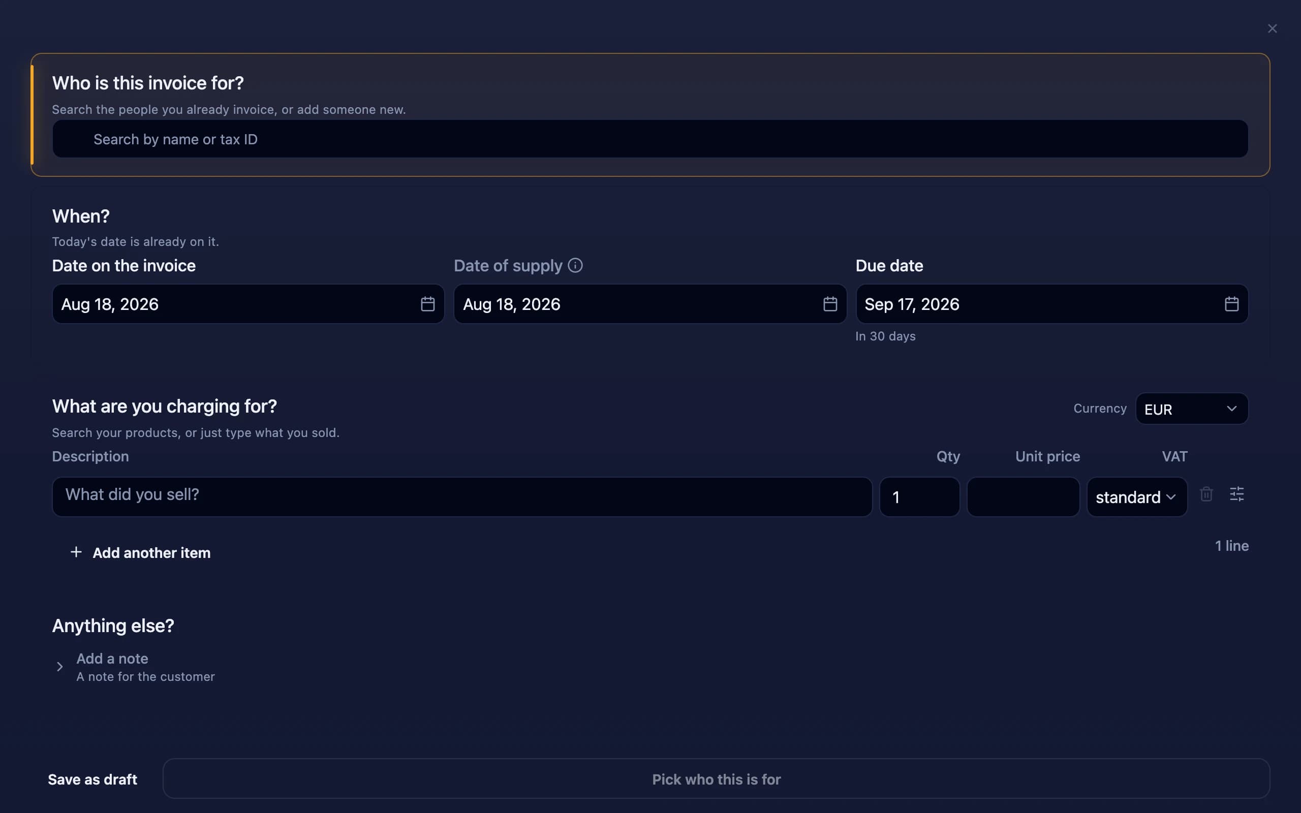 Blank Dominaite invoice with the customer search highlighted