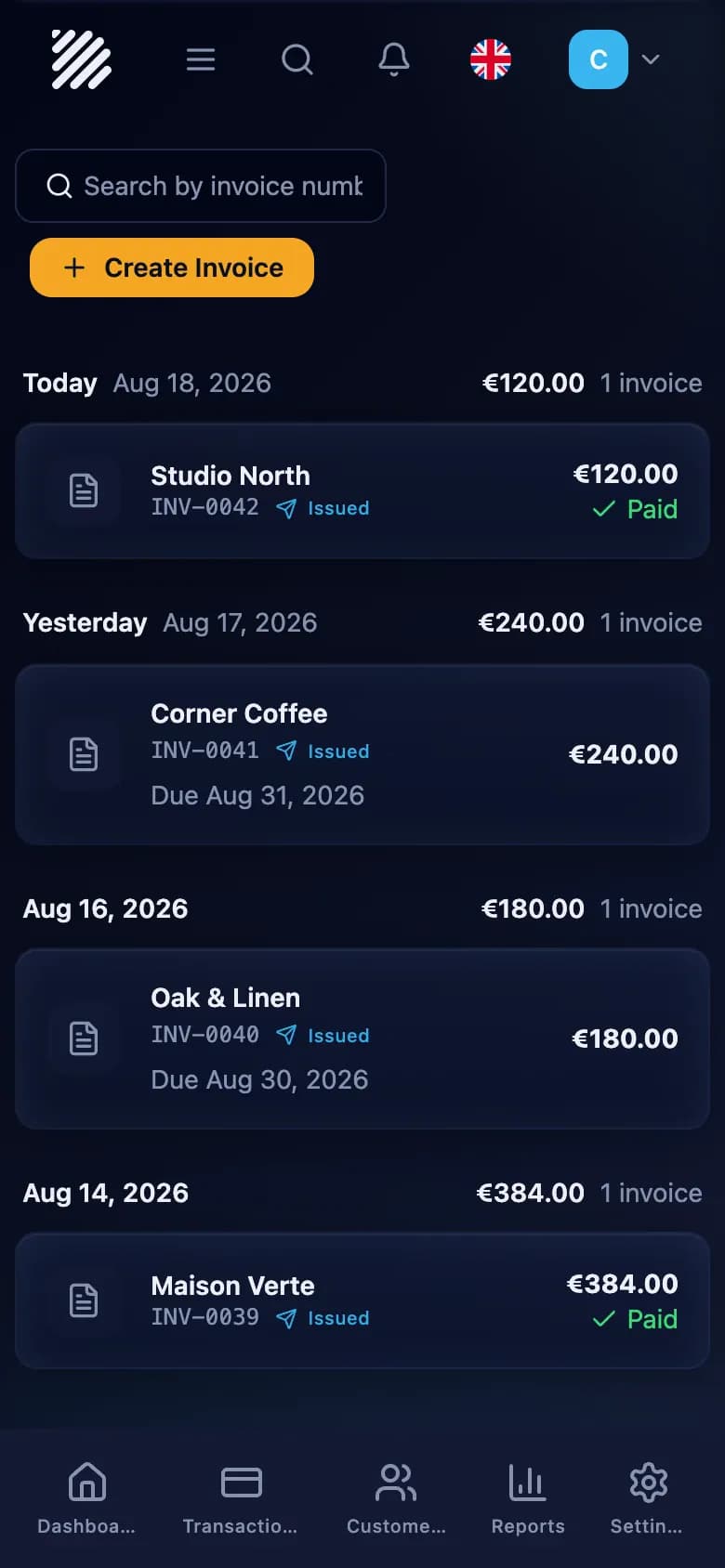 Dominaite invoice list showing a paid invoice and outstanding amounts
