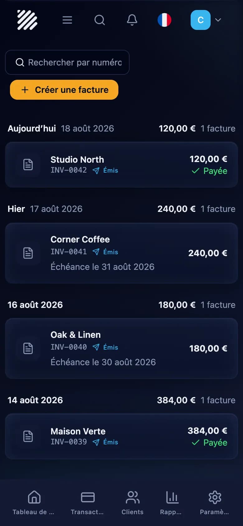 Liste des factures dominaite avec une facture payée et des montants en attente