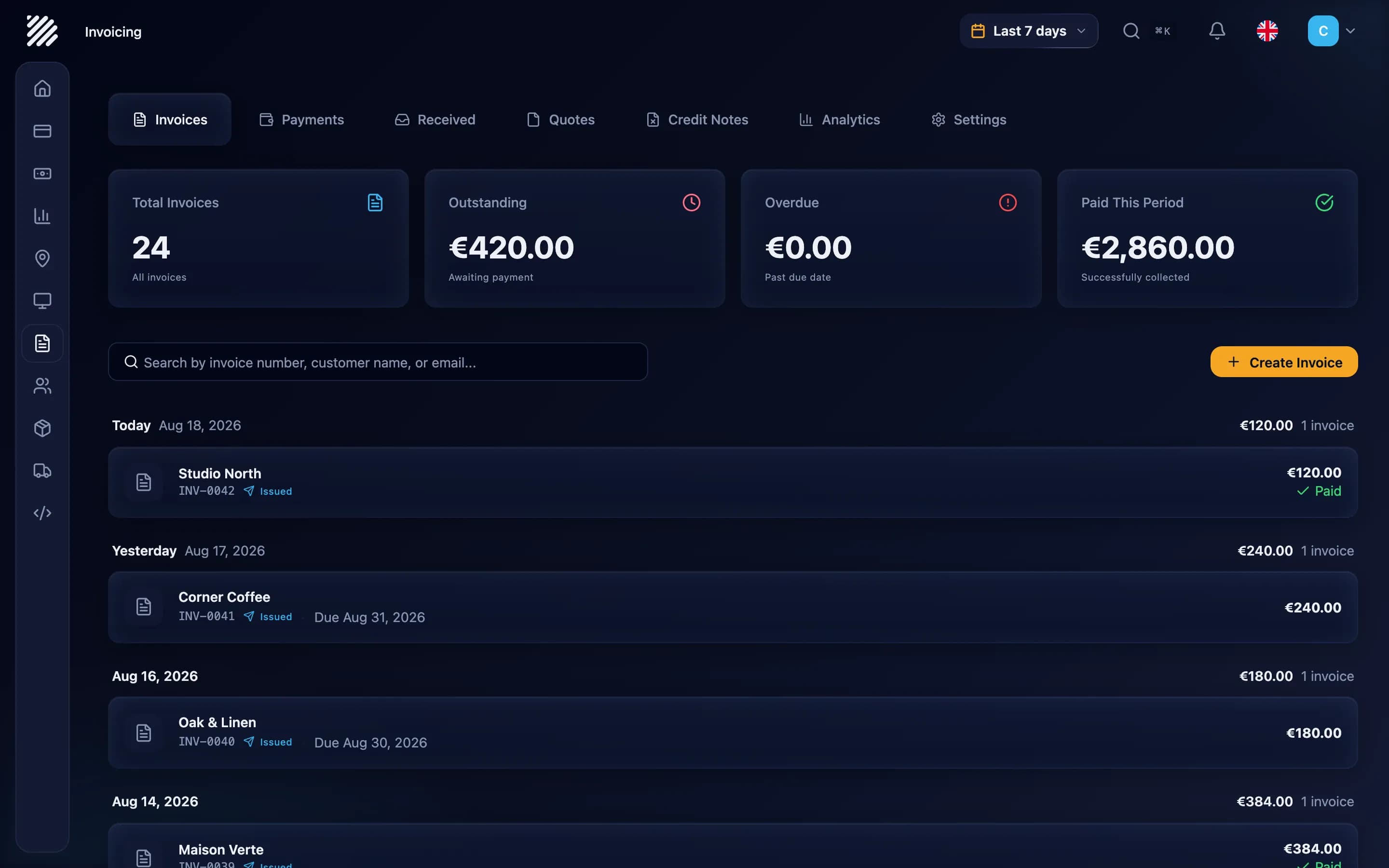 Dominaite invoice list showing a paid invoice and outstanding amounts