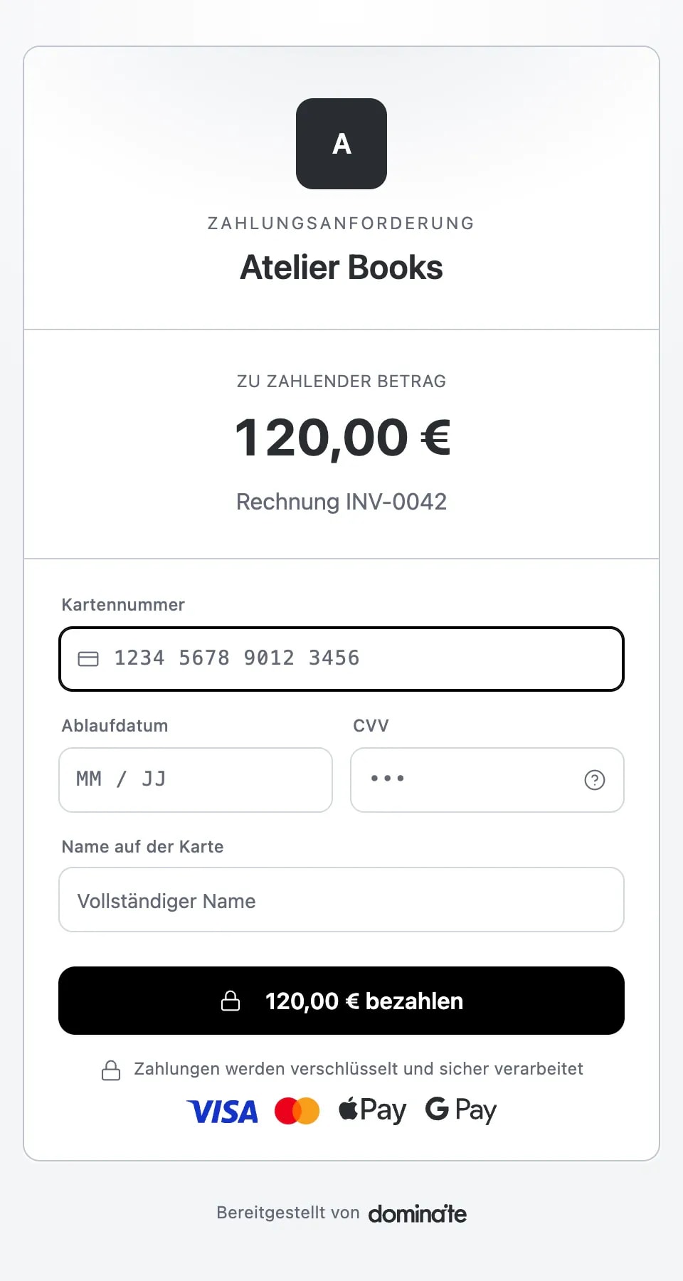 dominaite-Checkout auf einem Handy: eine Zahlungsanforderung über 15,00 € mit Feldern für Kartennummer, Ablaufdatum, CVV und Name sowie einem Bezahlen-Button