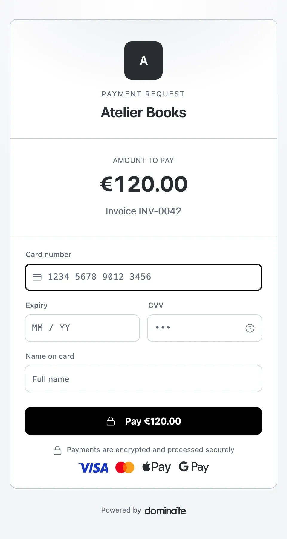 Dominaite checkout on a phone: a €15.00 payment request with fields for card number, expiry, CVV and name, and a pay button