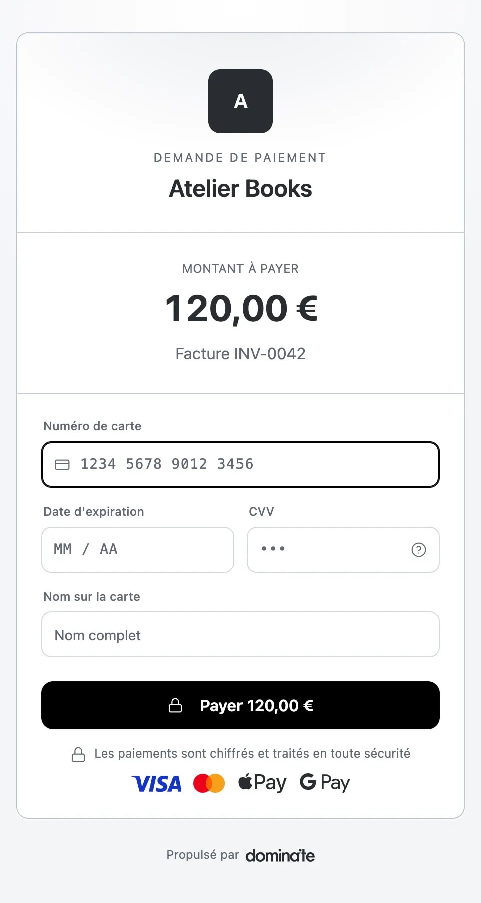 Page de paiement dominaite sur un téléphone : une demande de paiement de 15,00 € avec les champs numéro de carte, expiration, CVV et nom, et un bouton pour payer