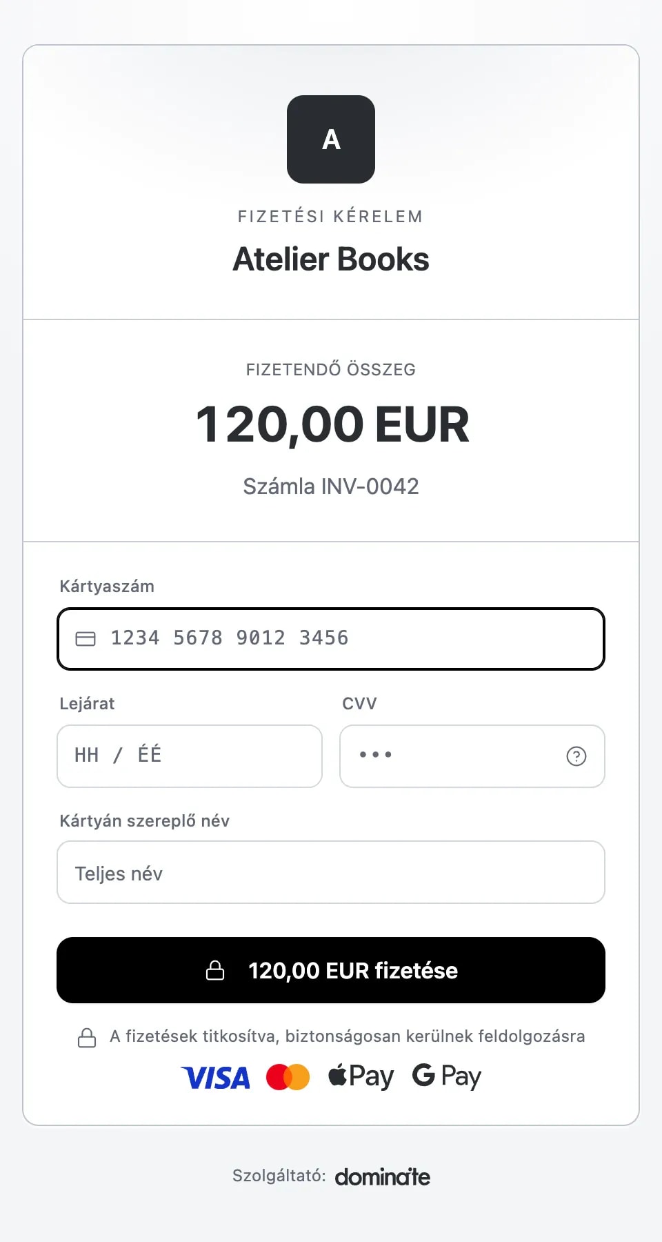 dominaite fizetési oldal telefonon: 15,00 €-s fizetési kérés kártyaszám, lejárat, CVV és név mezőkkel és fizetés gombbal