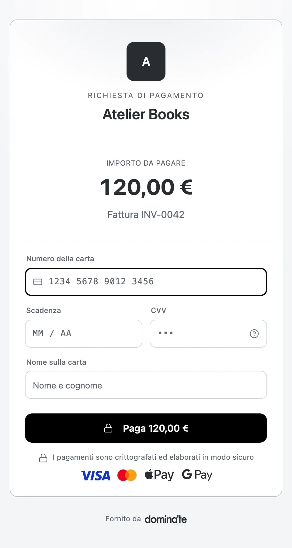 Pagina di pagamento dominaite su un telefono: una richiesta di pagamento di 15,00 € con i campi numero di carta, scadenza, CVV e nome e un pulsante per pagare