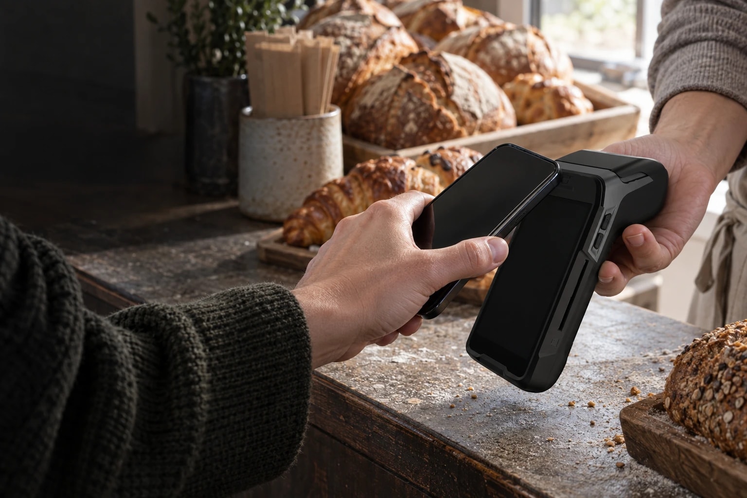 Illustration of a customer tapping a phone on a card terminal at a bakery counter