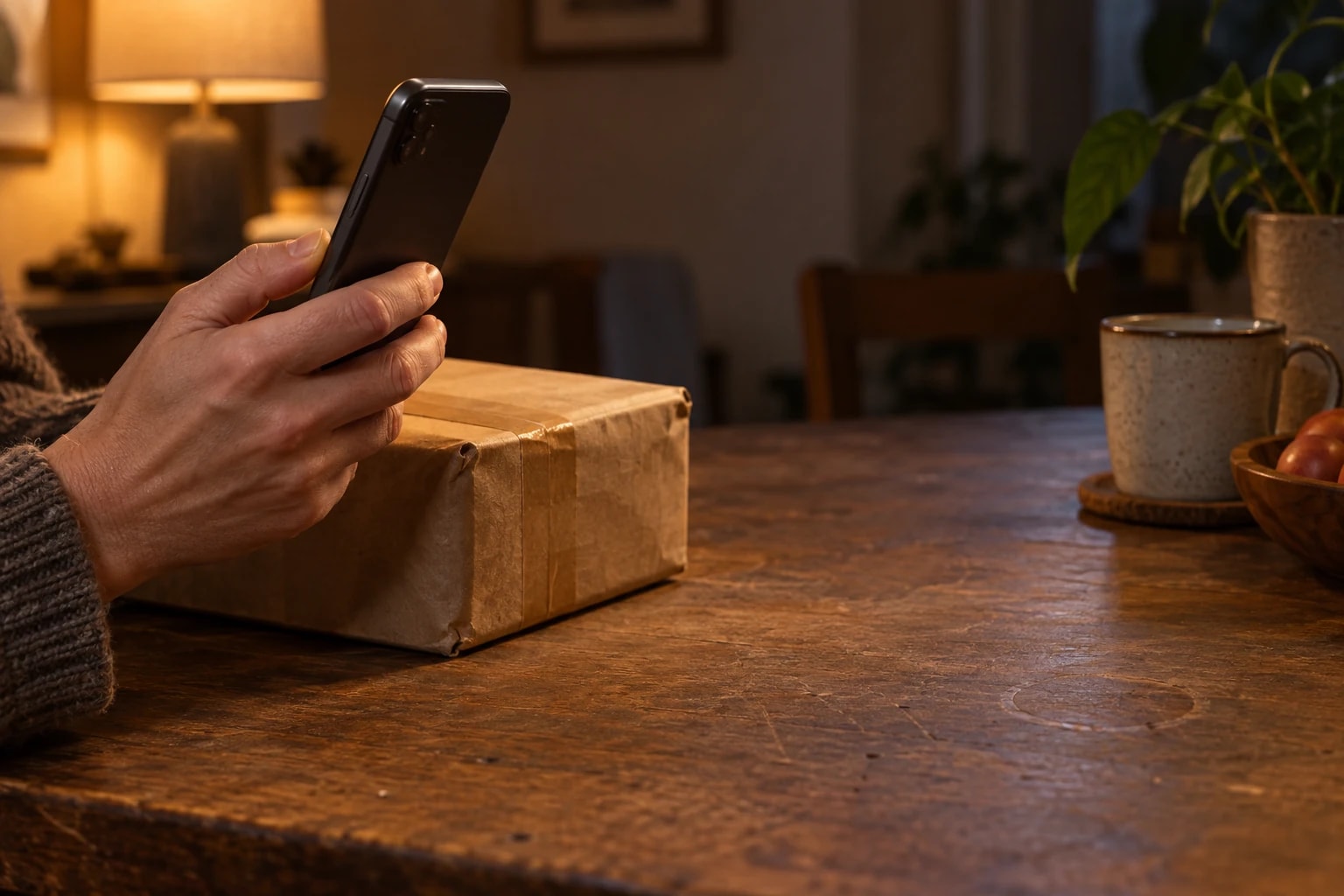 Illustratie van een klant die thuis naast een bezorgd pakket met zijn telefoon betaalt