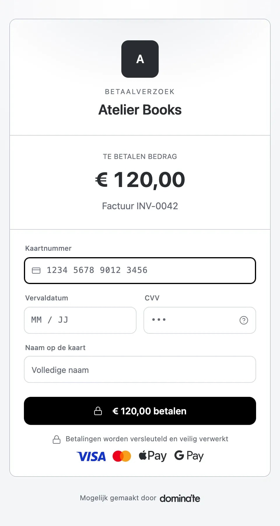 dominaite-betaalpagina op een telefoon: een betaalverzoek van € 15,00 met velden voor kaartnummer, vervaldatum, CVV en naam, en een betaalknop