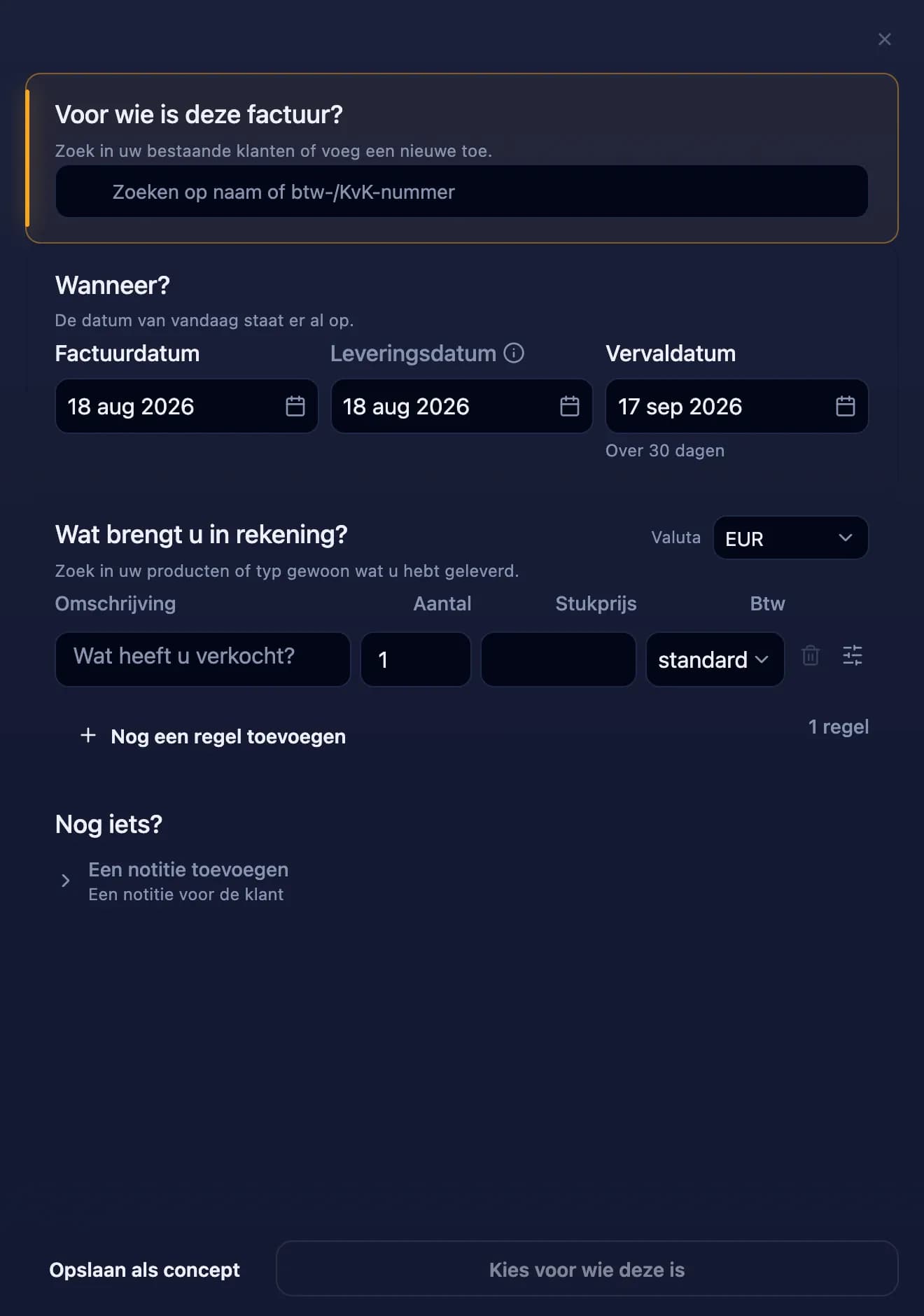Lege Dominaite-factuur met de klantzoekfunctie gemarkeerd