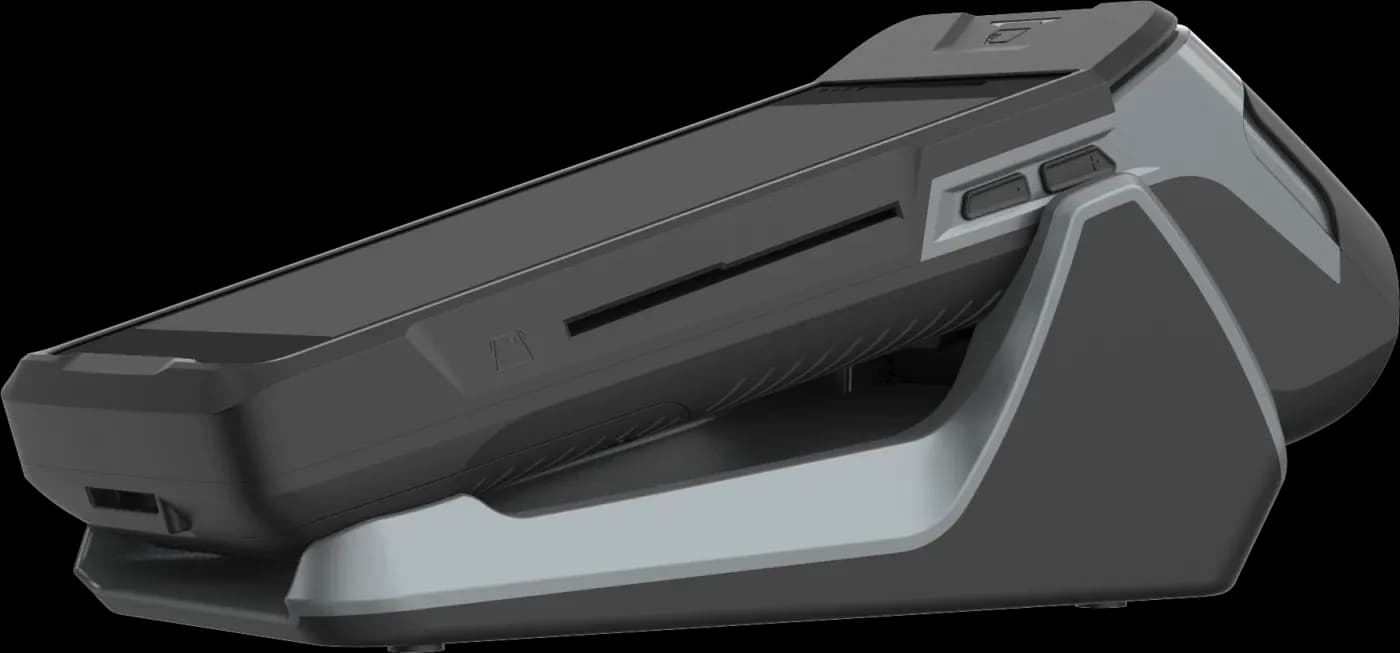 The dominaite terminal seen from the side, with its built-in receipt printer