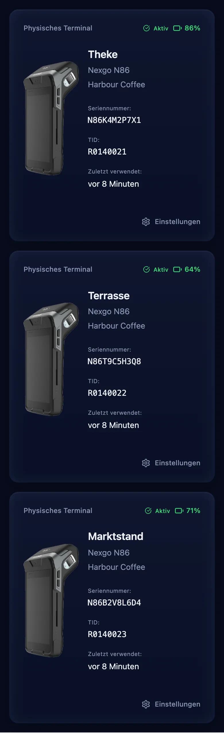 Die Terminal-Ansicht in der dominaite App auf dem Smartphone: Theke, Terrasse und Marktstand, alle aktiv