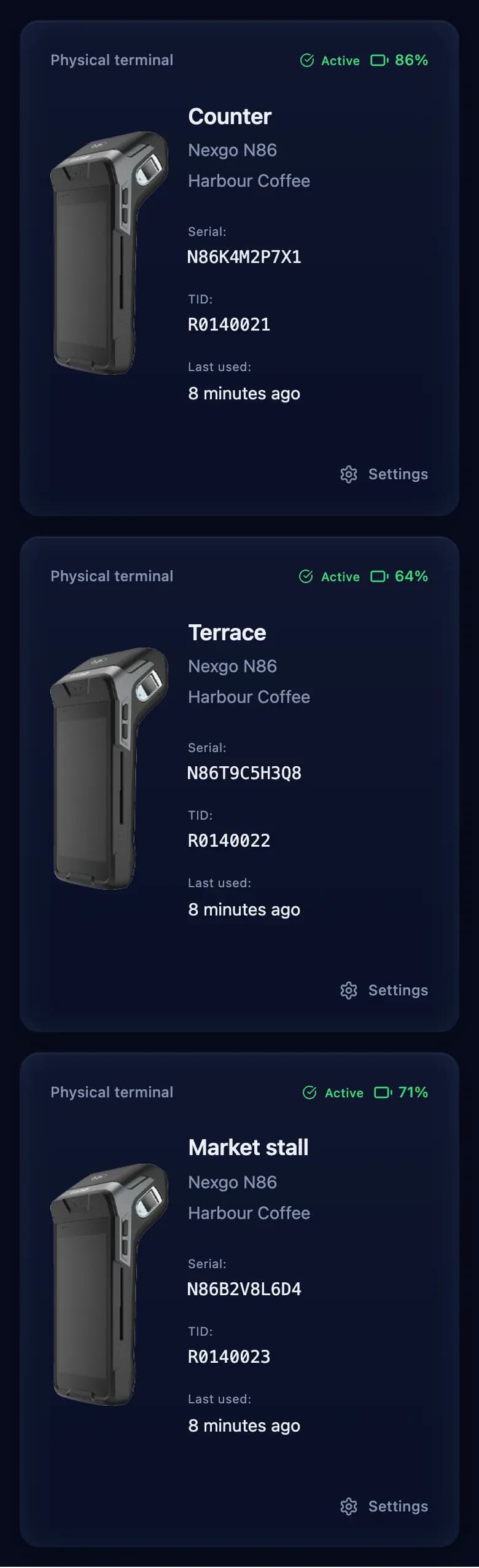 The terminals screen in the dominaite app on a phone: Counter, Terrace and Market stall, all active