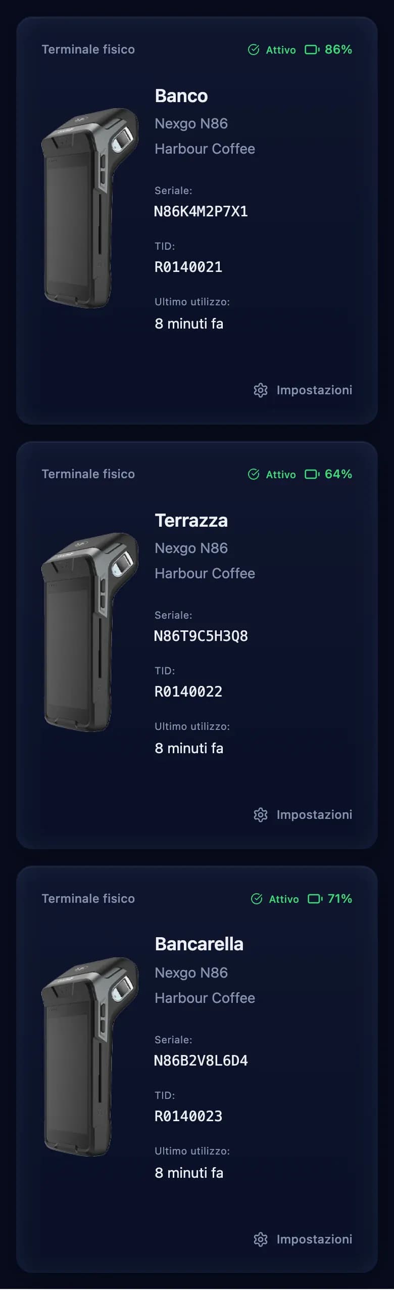 La schermata dei terminali nell'app dominaite su telefono: Banco, Terrazza e Bancarella, tutti attivi